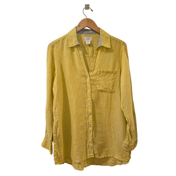 Sigrid Olsen Linen Button Down Shirt Yellow Coastal Preppy Pocket Long Sleeve SM - Picture 1 of 9